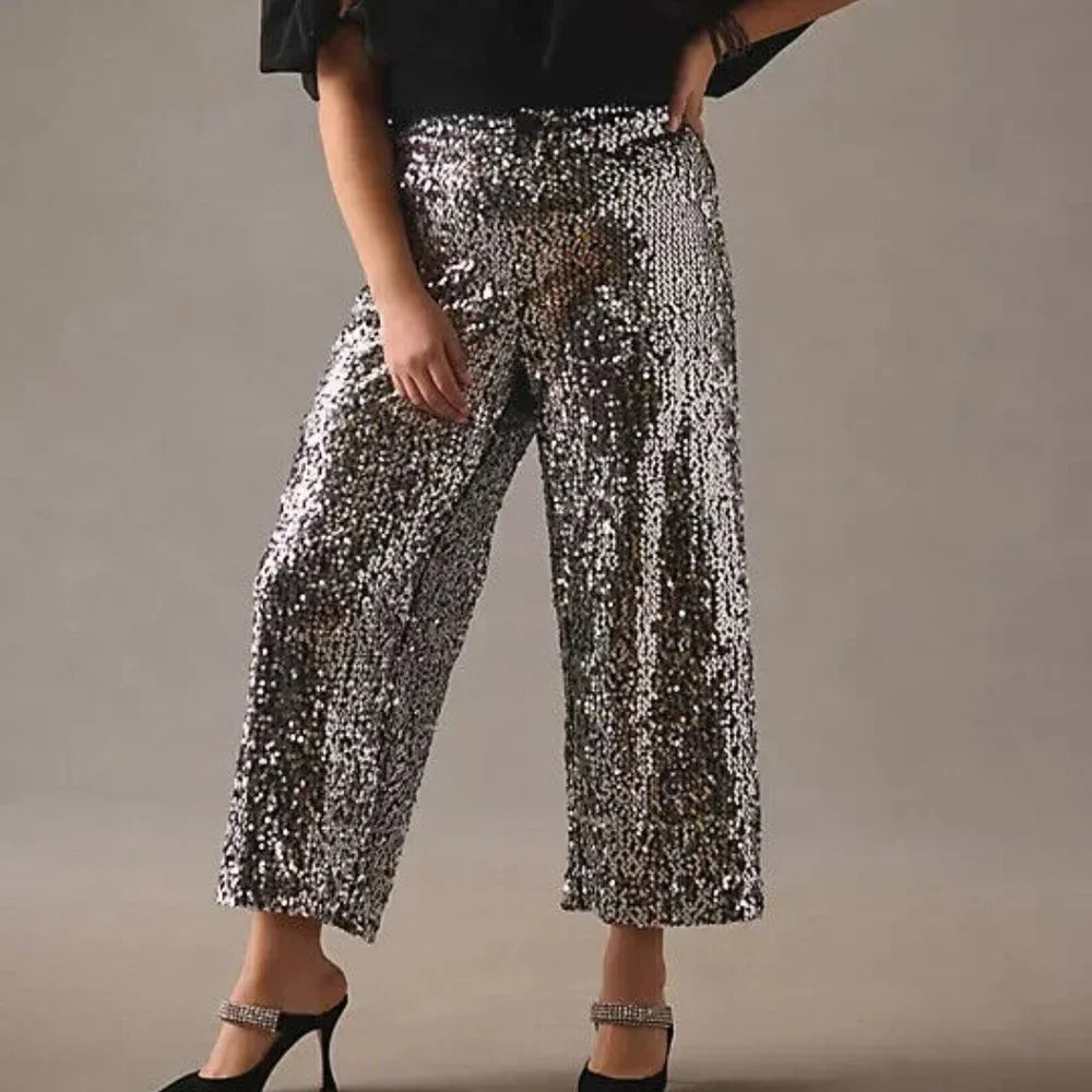 Anthropologie Silver Sequin Wide-Leg Pants - Picture 1 of 9